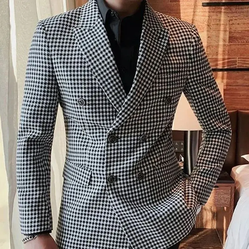 Double Breasted Plaid Suits for Men 2024 Slim Fit 2 Pcs Houndstooth Check Wedding Groom Tuxedo Fashion Costumes (Jacket + Pants)