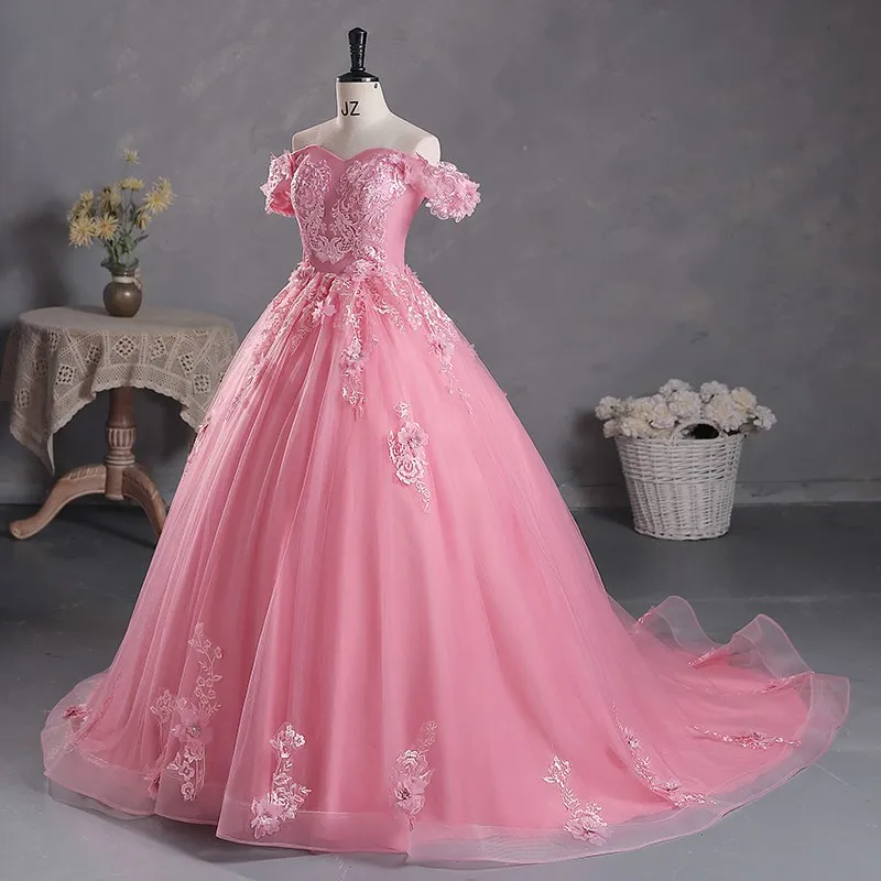 Vestido De 15 quincealeras gaun bahu terbuka gaun Prom putri applique renda gaun pesta dengan kereta kecil