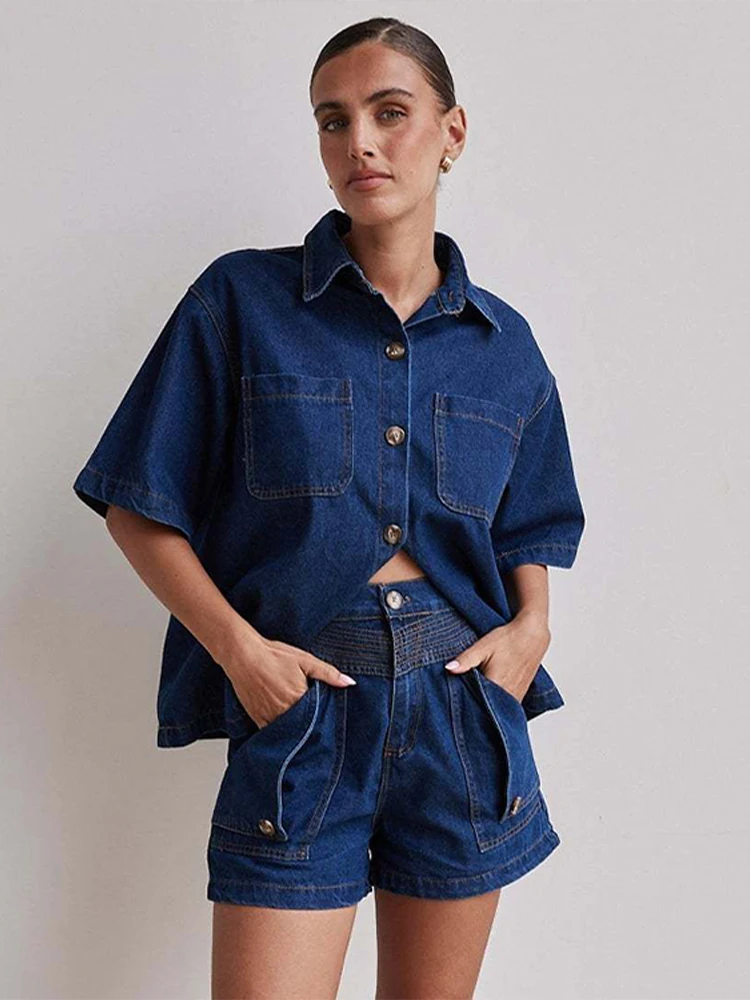 

Casual 2 Piece Sets Woman Outfit Chic Lapel Single-breasted Short Sleeve Pockets Shirts High Waist Shorts Y2k Denim Lady Suit