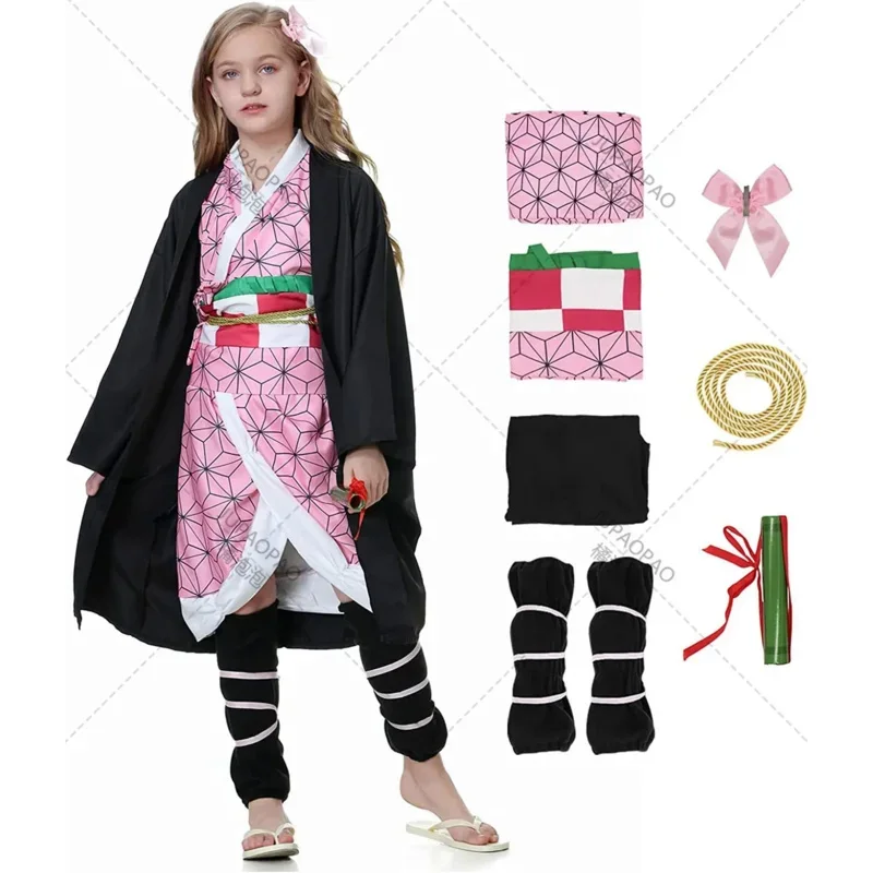 Anime Kamado Nezuko Cosplay Costume pour enfants et adultes, Demon Slayer, Uniforme, Vêtements, Kimono, Perruque, Accessoires, Ensemble, Halloween