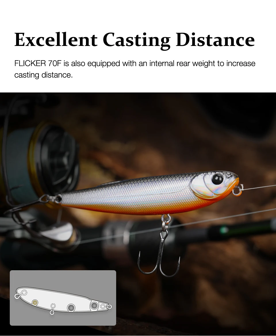 TSURINOYA FLICKER 70F Oberflächen-Angelköder Z Hund schwimmender Bleistift 70 mm 8,4 g Chatter künstliche harte Köder Forelle Bass Hechtstecker – Detail 7