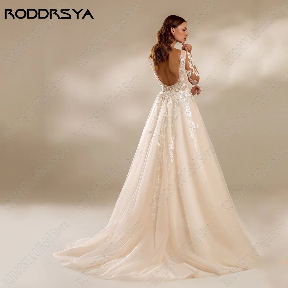 RODDRSYA Backless Lace Wedding Dresses For Bride Long Sleeves Applique Scoop Neck A-Line Elegant Bridal Gowns Robe De Mariée