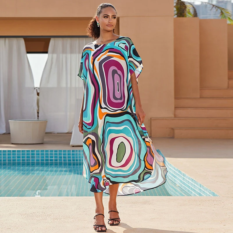 

Vibrant Geometric Print Maxi Dresses Seaside Beach Kaftan Abstract Artful Summer Party Long Dress Flowy Batwing Sleeve Chic Robe