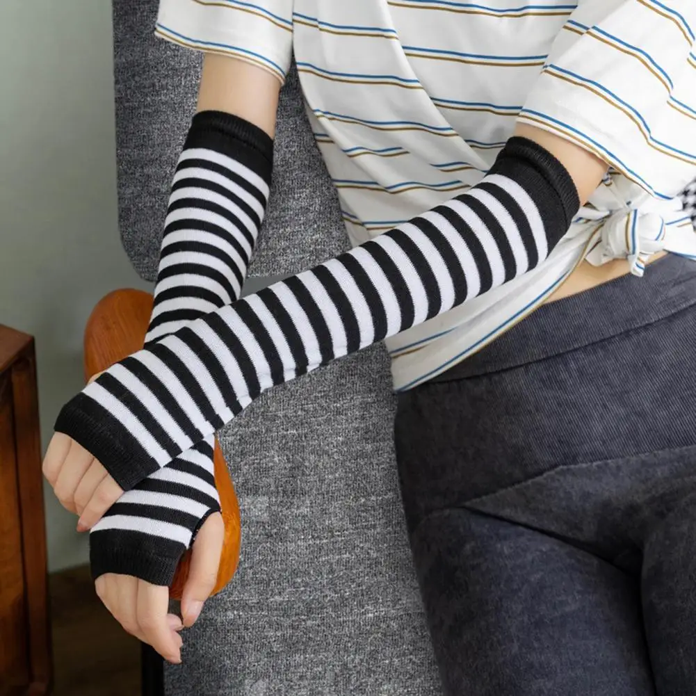 1 Pair Women Striped Fingerless Gloves Knitted Elbow Mittens For Winter Soft Stretchy Arm Warmers Christmas Gift