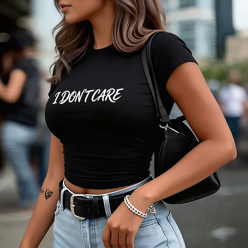 Women's Letter I DNO'T CARE Print Y2K Cropped T Shirt 90s Graphic Black Crop Tops for Woman Fashion Sexy Tshirt Clothing Female