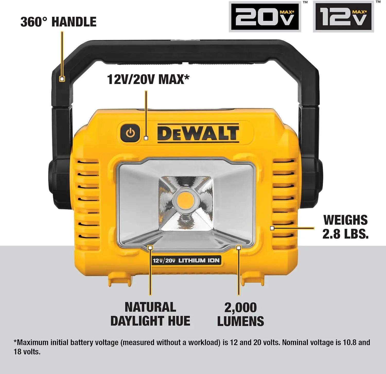 DEWALT 12V/20V MAX LED Work Light, Compact with 360 Degree Rotating Handle, 2000 Lumens of Brightness, Cordless, Bare Tool Only