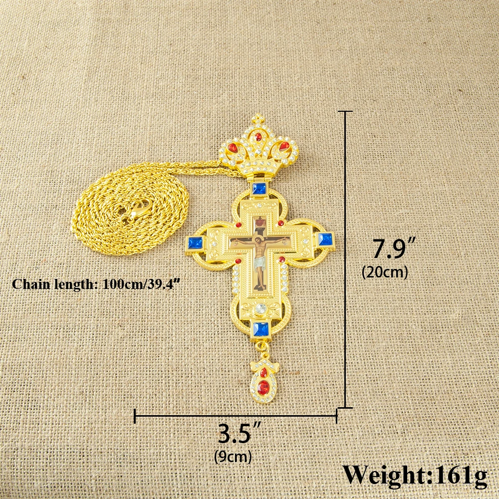 HTISOK Orthodox Christian Cross Pendant Gold Plated with Gemstones Rhinestones Orthodox Gift for Pastor Easter Wedding Church