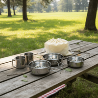 5Pcs 304 Stainless Steel Camping Cookware Set Foldable Handle Stackable Outdoor Pot Cup Tableware with Storage Bag