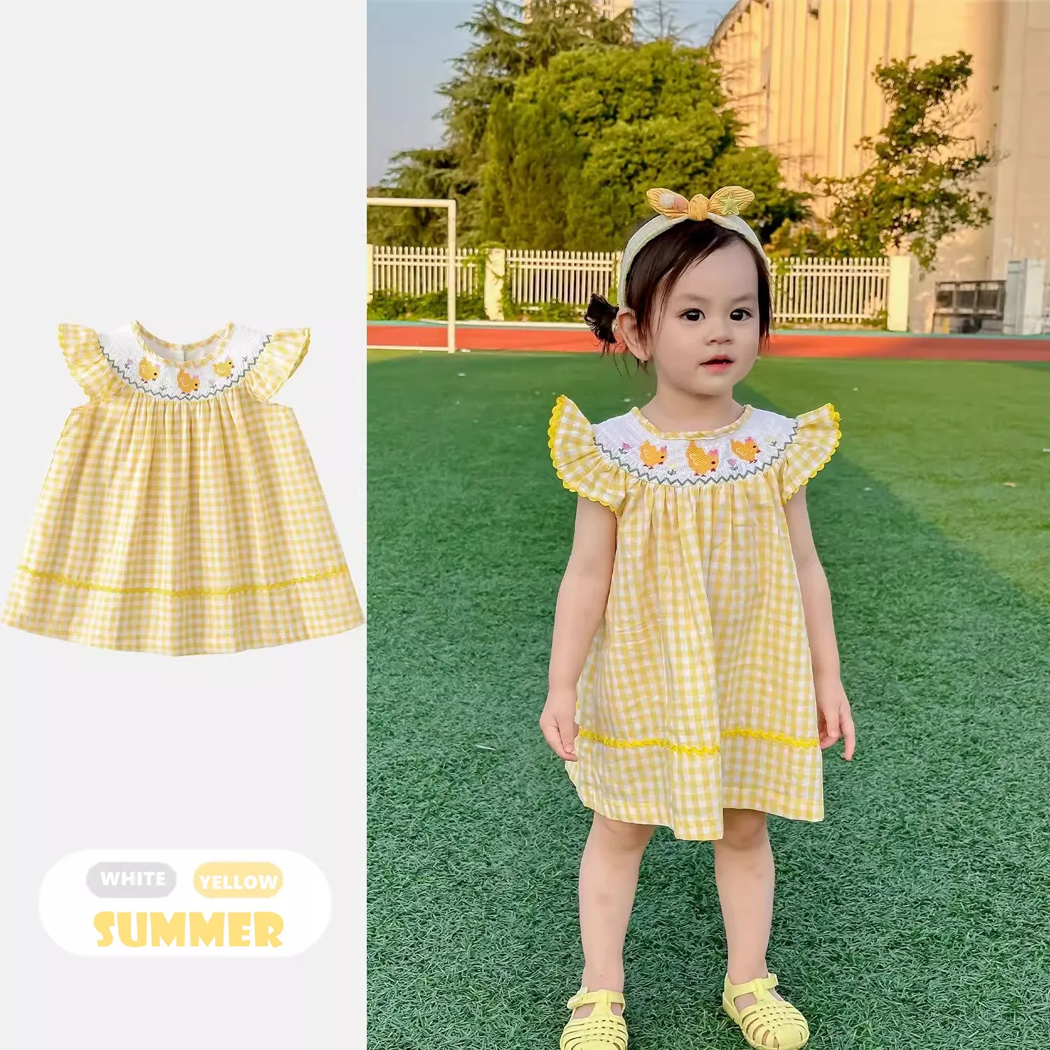 

Baby Girls Smocked Dresses Yellow Plaid Embroidery 2023 Summer Toddler Smock Dress Cotton Linen Princess Kids Clothes Sleeveless