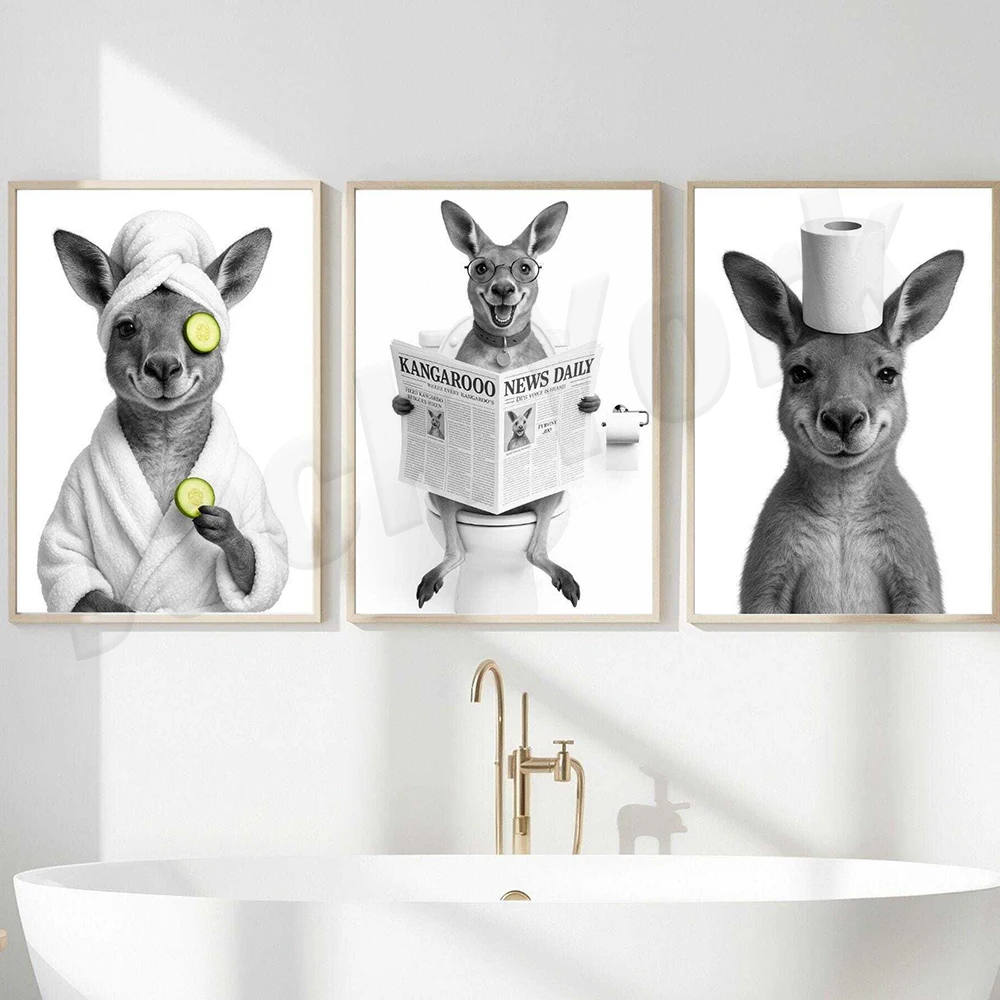 Anteater, otter, ostrich, Korean Mastiff, kangaroo, Chinese Crested Dog, hedgehog reading newspaper bathroom decoration poster