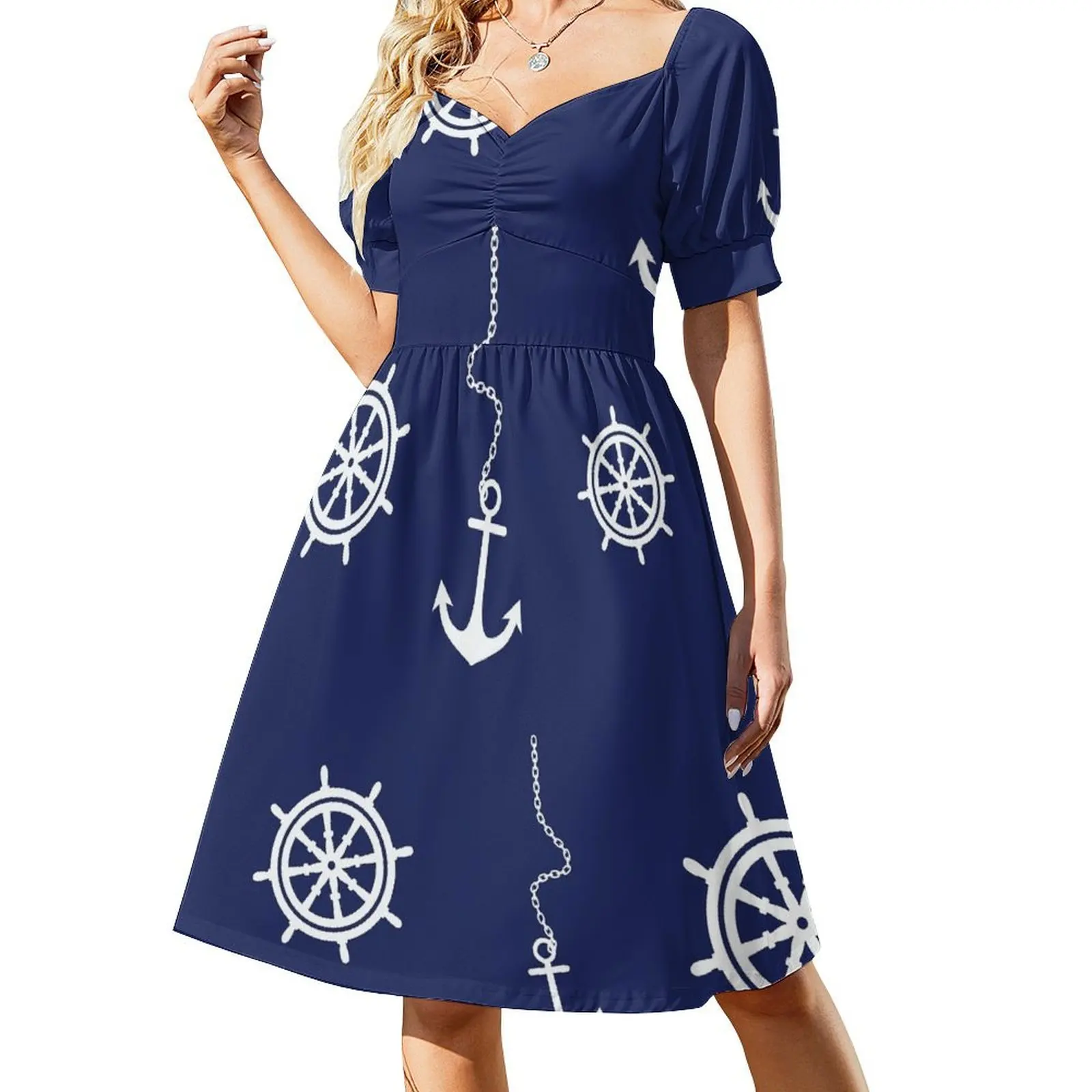 Nautical Pattern - Navy and White Anchors and Steering Wheels Short-Sleeved Dress Casual dresses Women's summer long dress