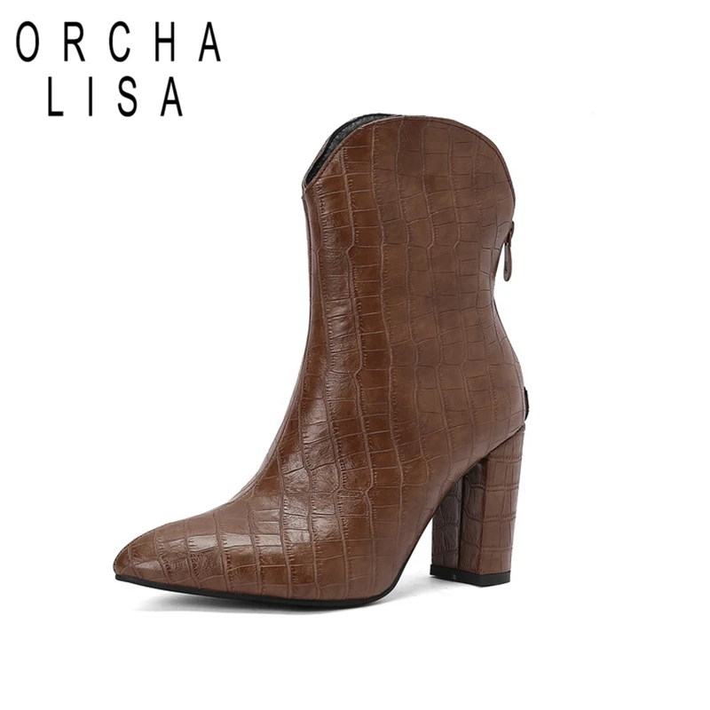 ORCHALISA 2024 New Design Print Western Boots 8.5cm Block Heels Pointed Toe Fashion Ankle Bota 44 45 46 47 48 US17