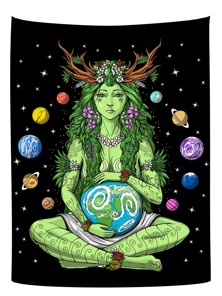 نسيج Gaia Mother Earth للتعليق على الحائط، نسيج فني آلهة الطبيعة، نسيج هيبي روحي لغرفة النوم المنزلية، ديكور النوم