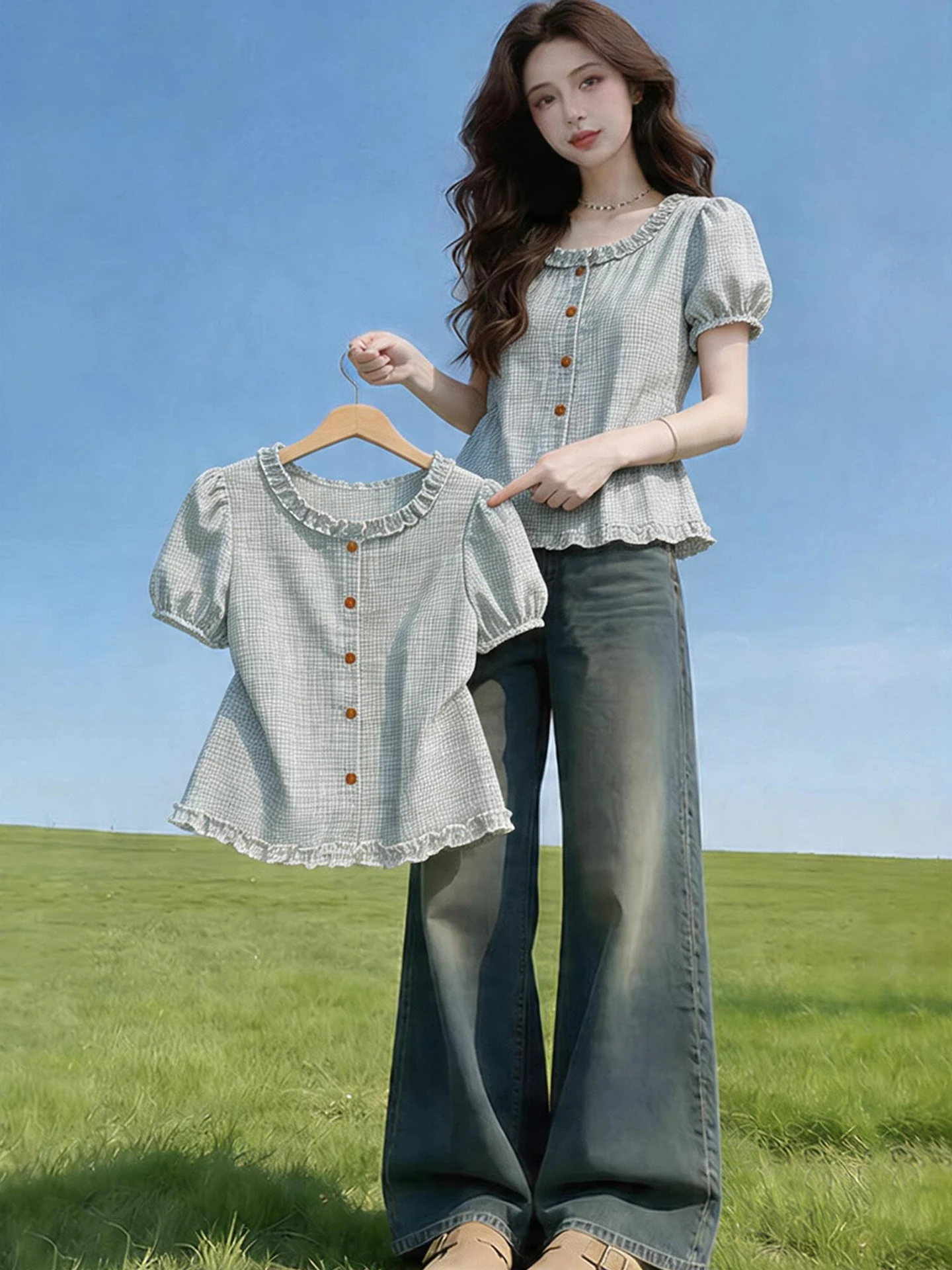 

Sweet Youthful Plaid Linen Women's Shirt Summer Loose Slimming Short Sleeve Bubble Sleeve Collar Button up City Walk Top