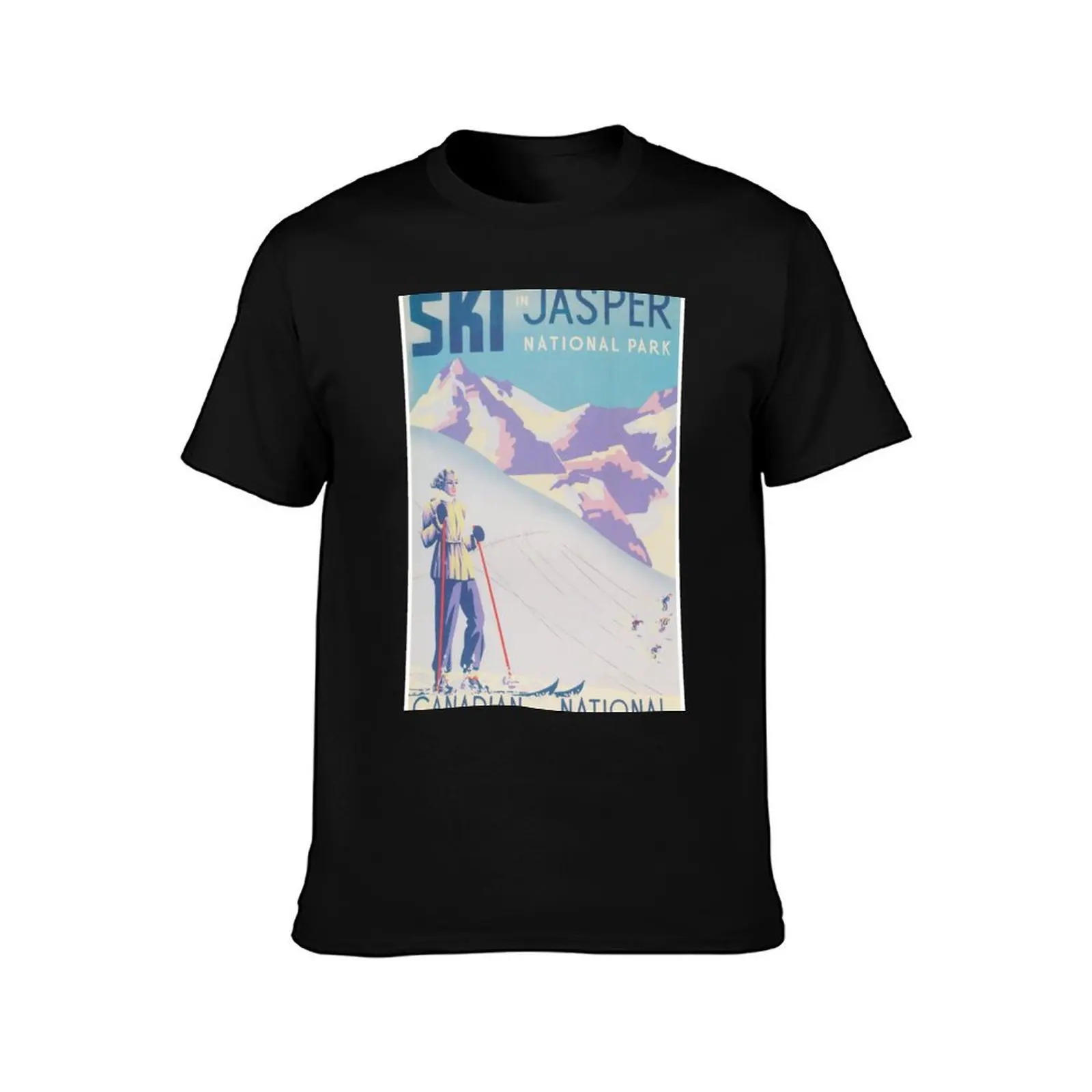 Ski in Jasper National Park Canada Vintage Ski Travel Poster T-Shirt Large Size Casual Tee Shirt T-Shirt