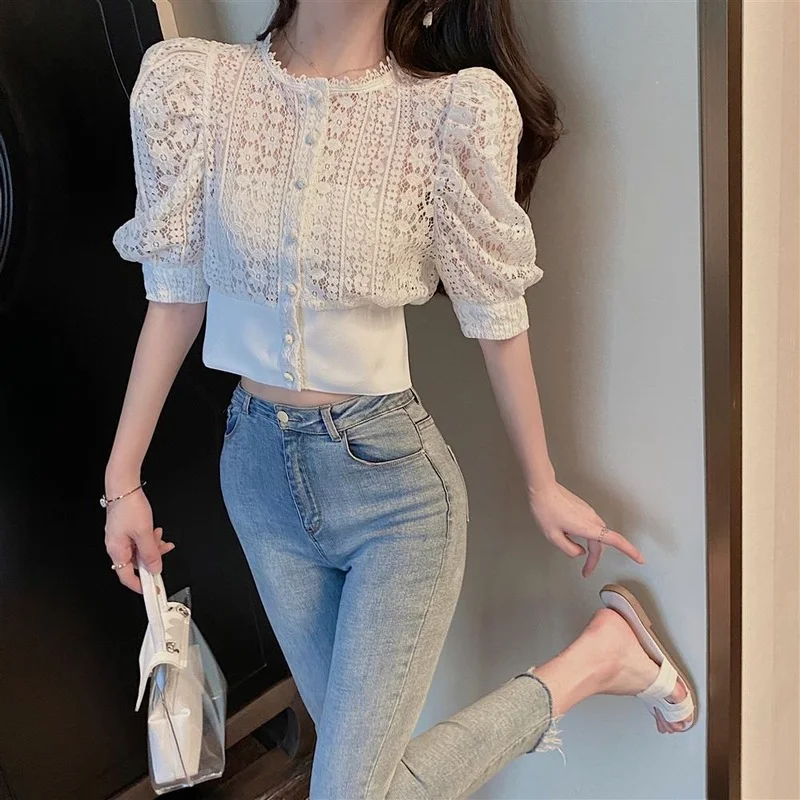 Spitze Shirts Frauen S-3XL Design Einfache Crop Alle-match Sexy Schlank Reine Atmungsaktive Puff Hülse Französisch Stil Femme Retro chic Elegante