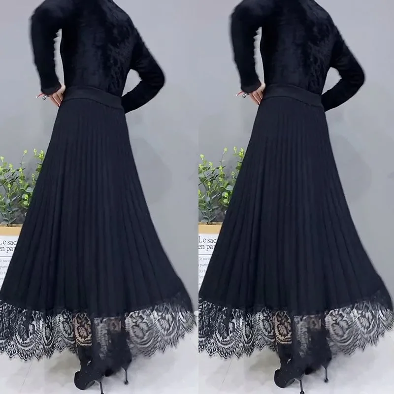 

Вязаная юбка 2021, осень и зима, новая юбка трапециевидной формы с высокой талией, плиссированная юбка, длинная кружевная юбка