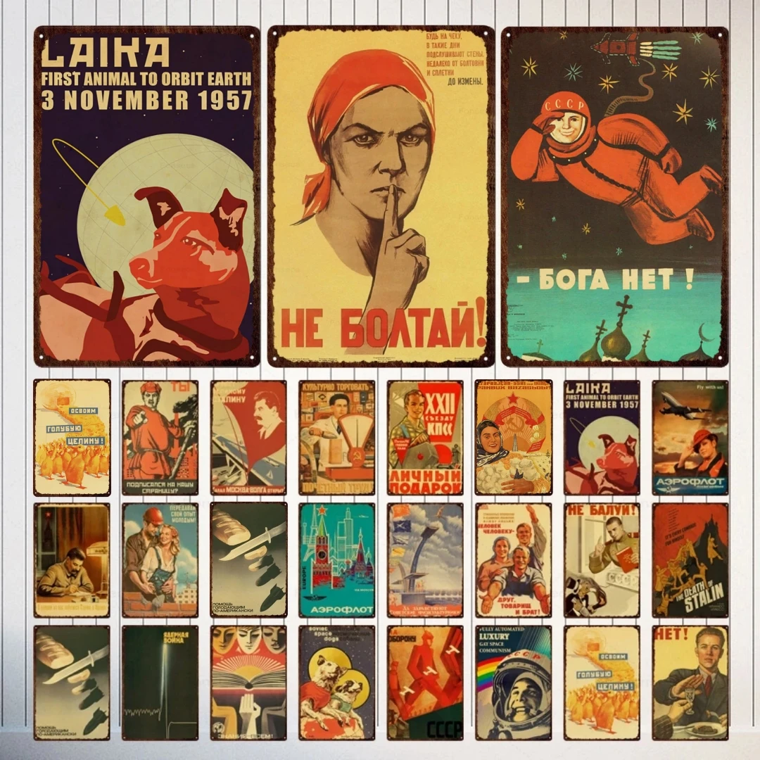 Image of Vintage russische Propaganda das Weltraum rennen Aluminium Zeichen Poster Retro UdSSR Metall Zeichen Wand kunst Plaketten Werkstatt Home Dekoration