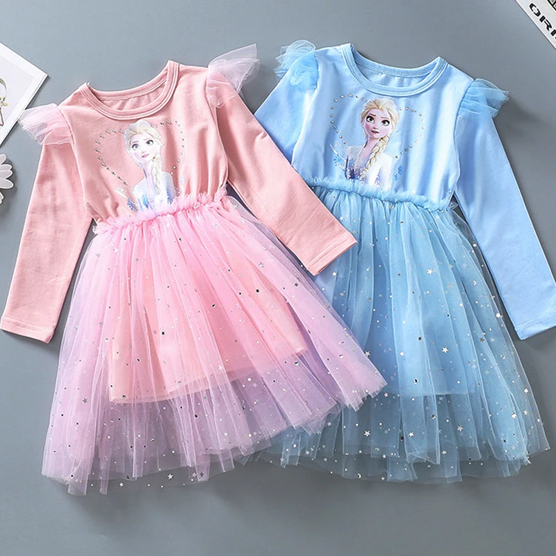 New Disney Elsa Princess Dress Girls Dress Spring and Autumn Dress Long-sleeved Children's Western Style Frozen Kids Dress 2-Y