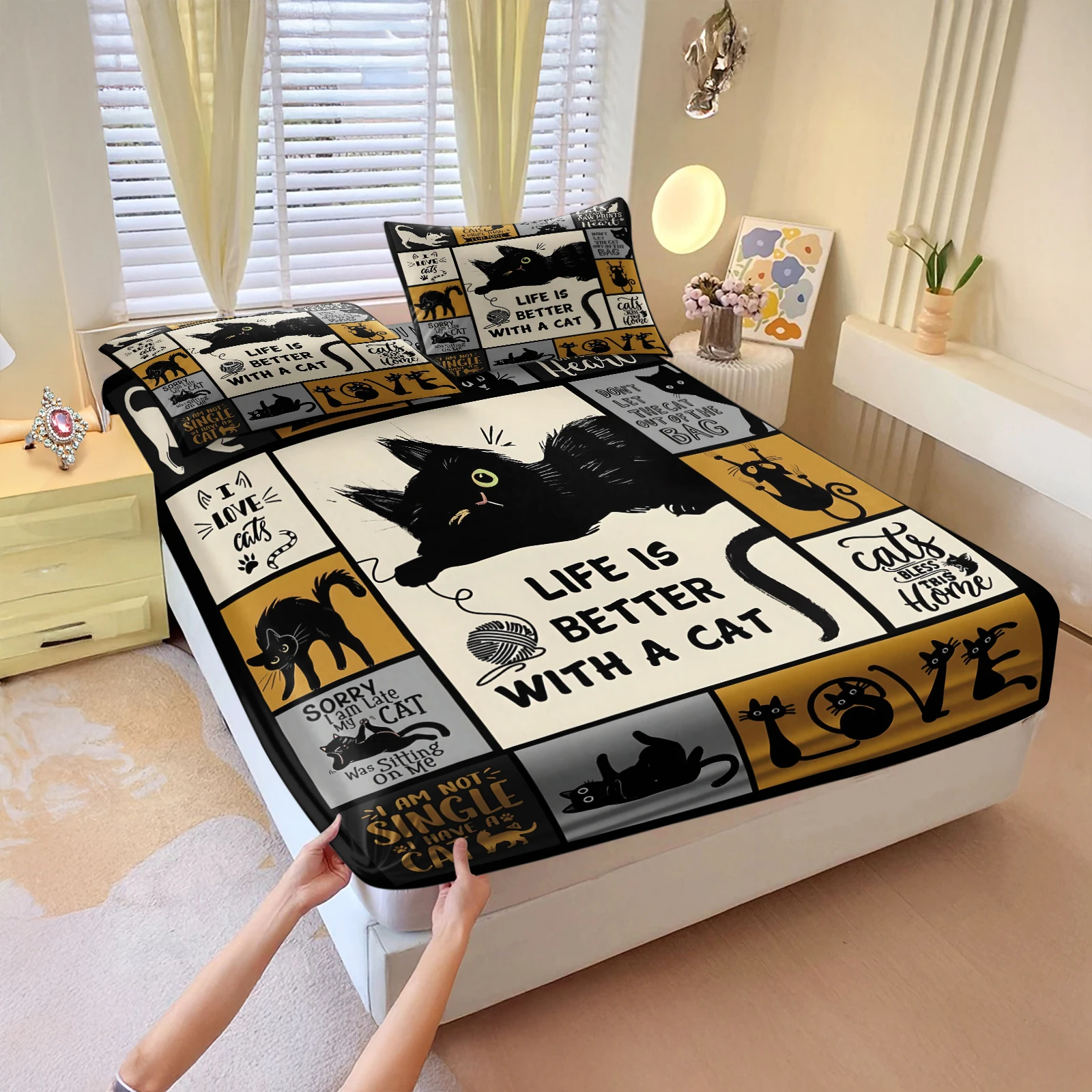 Life Is Better With A Cat Fitted Sheet Set Cute Black Cat Patchwork Print Mattress Cover With Pillowcase Cat‑lover Bedroom Decor