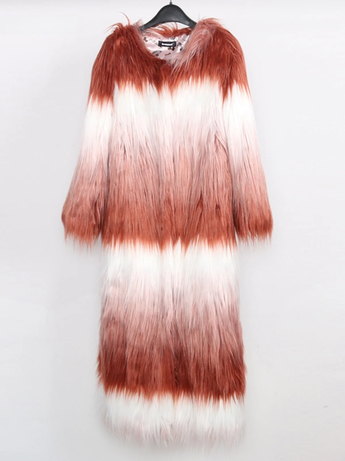 Nerazzurri Long Fur Coat Women's round Neck Fashion Gradient Color Simulation Fur Jacket Eco-friendly Leather Outerwear