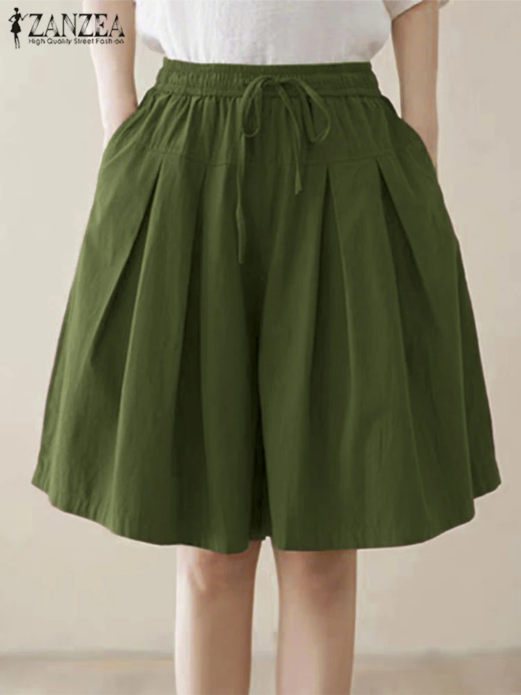 Summer Shorts Women Casual Loose Pleated Wide Leg Pants ZANZEA Solid Color Korean Short Trousers 2025 Lace-Up Bottoms Femininas