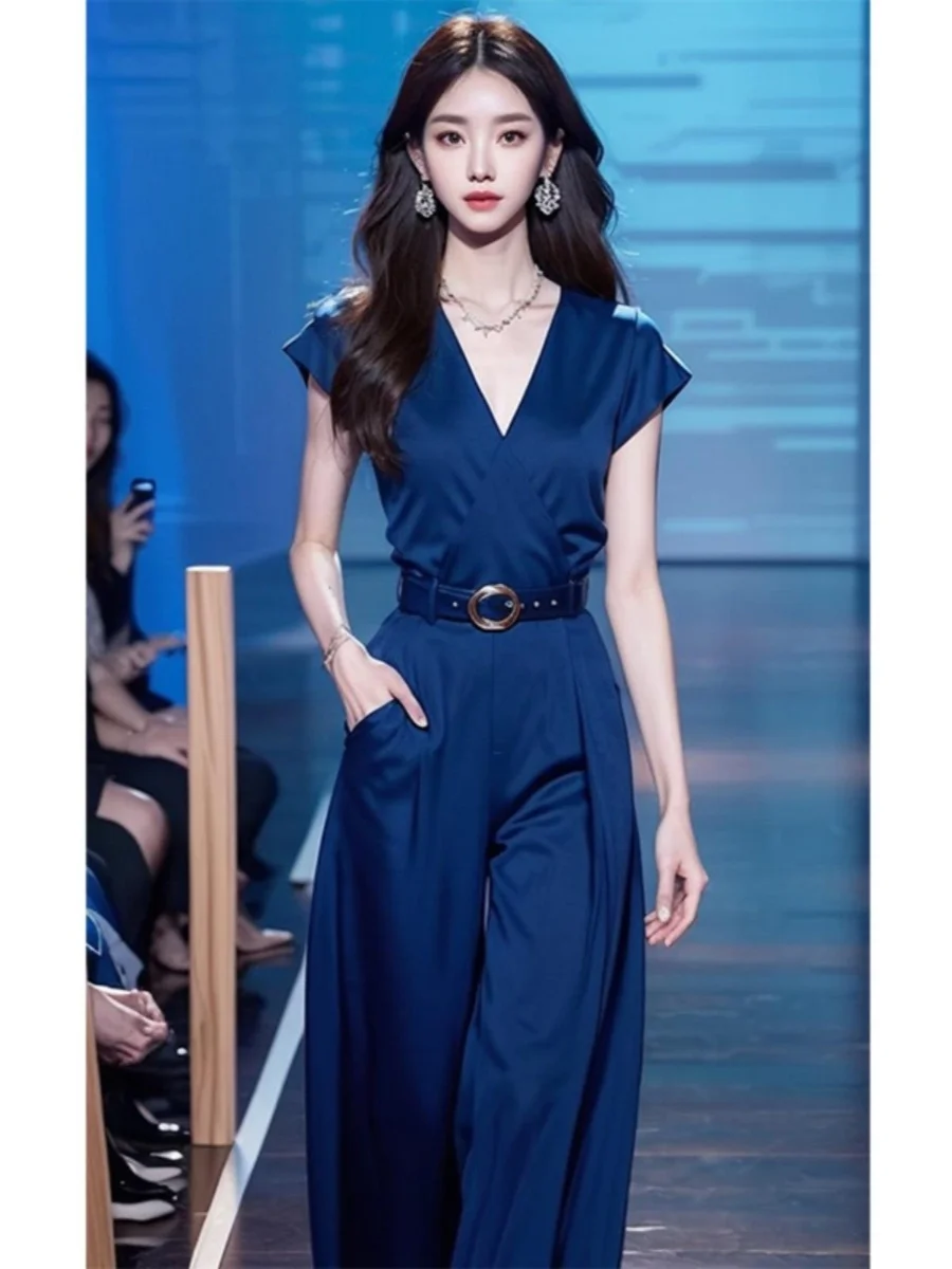 

Ele Синие цельные брюки с высокой талией и широкими штанинами, летнее модное элитное сенсационное женственное платье в стиле знаменитостей