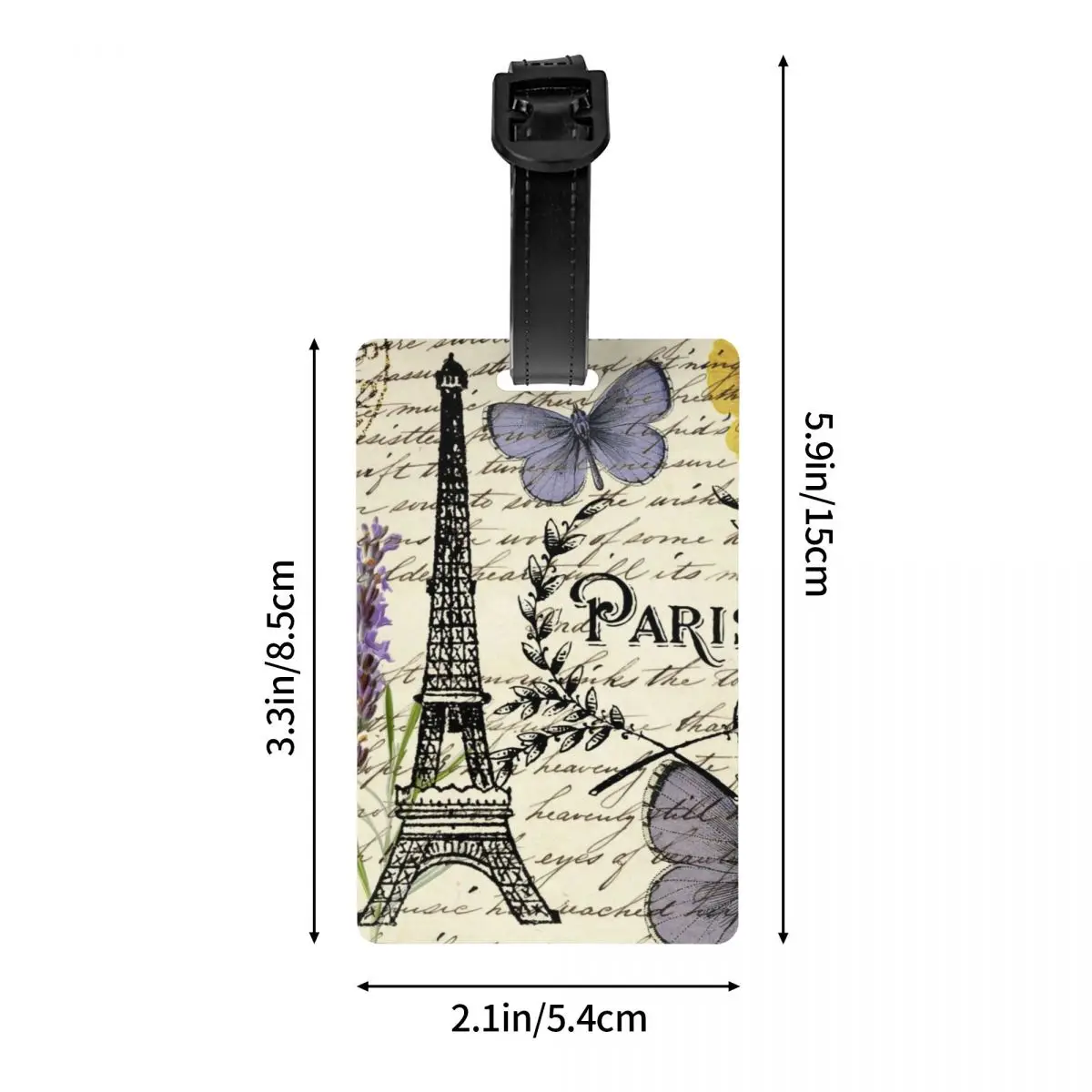 Borboleta Floral Tag Bagagem com cartão de nome, romântico Francês Privacidade Cover, ID Label para Travel Bag Mala, Paris Torre Eiffel