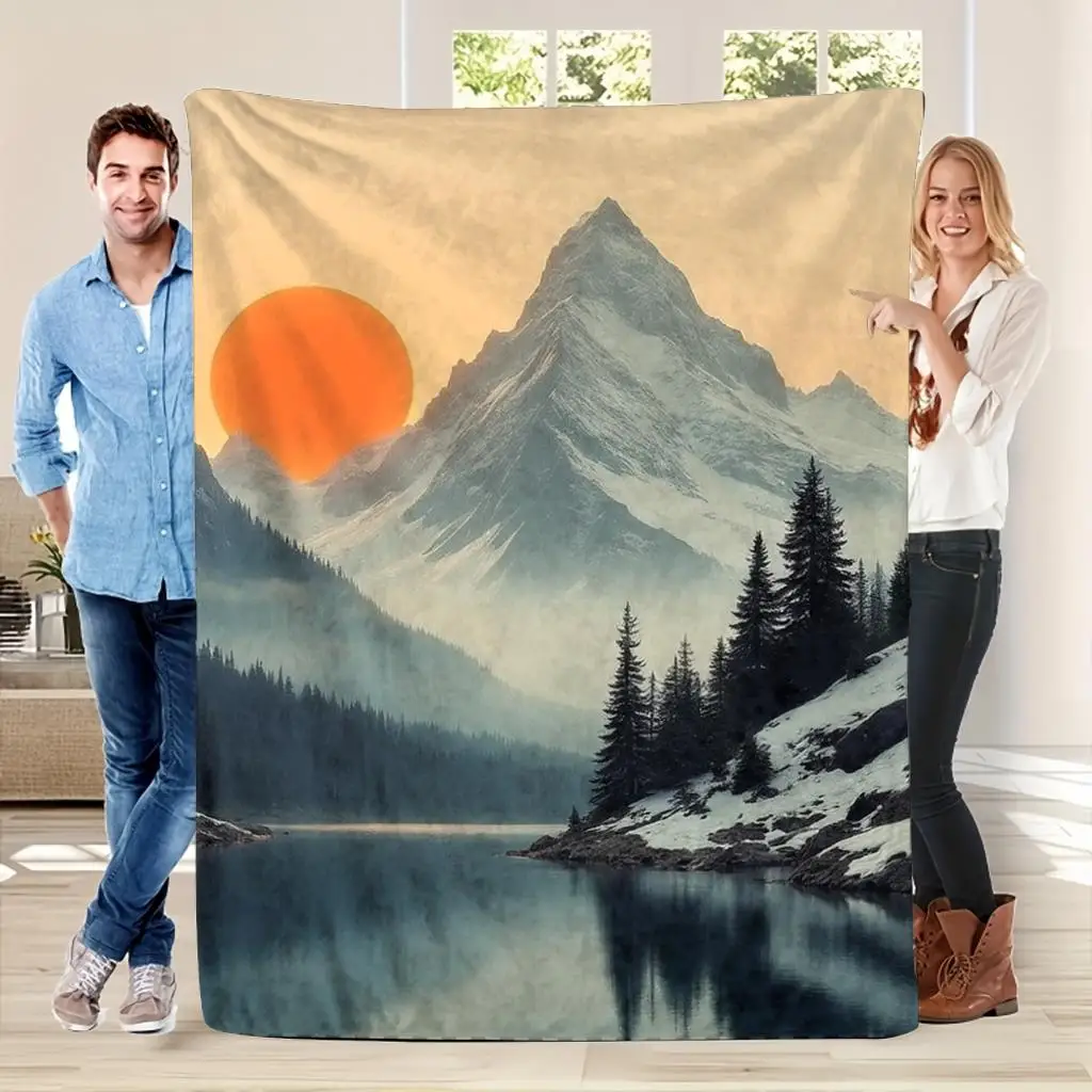 1pc Mountain and sunset pattern blanket, made of polyester, machine washable, suitable for bedroom and living room use.