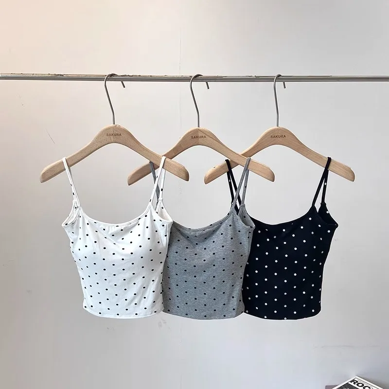 Summer Outfit Polka Dot Backless Crop Top Women's Integrated Design Sense with Chest Pad Bra Base Shirt Short Pure Color