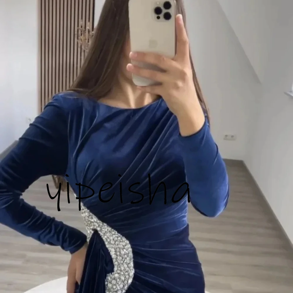 Customized Velour Simple O-Neck Mermaid Evening Dress Beading Long Sleeves Wedding Party Gown Celebrity Prom Gown Plus Size