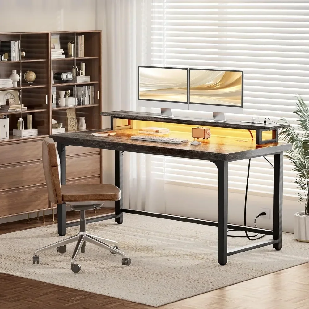 55 Inch Computer Desk with Socket and LED Light, Thickened Home Office Desk, Writing Study Gaming Table with Storage, Modern