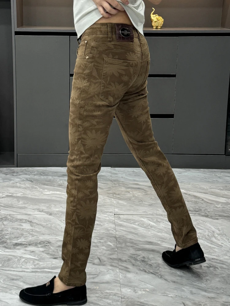 

Slim Fit Men's Jeans 2026 New Fashion Brand Spring Autumn Floral Print mid Waist Straight Leg Slimming Effectiveness