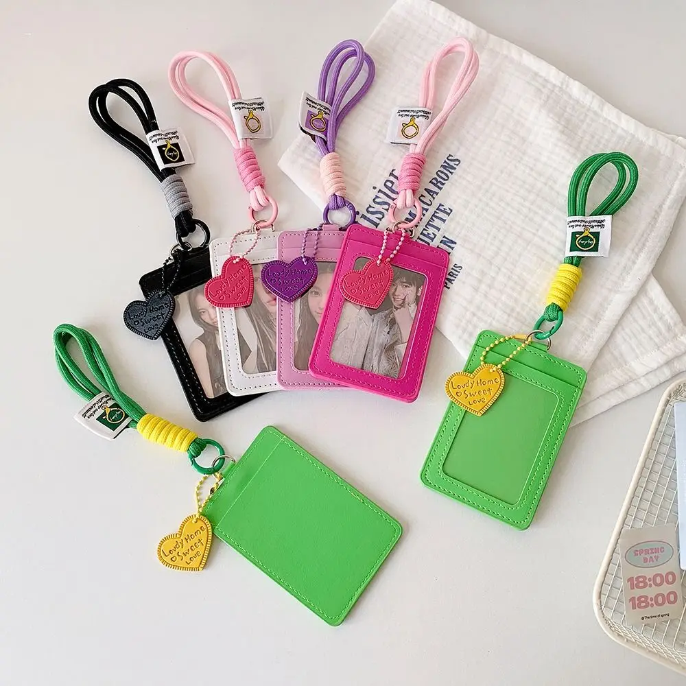 Porta carte creativo in pelle PU Doppia slot per carte con cordino Porta carte d'identità Foto Custodia protettiva