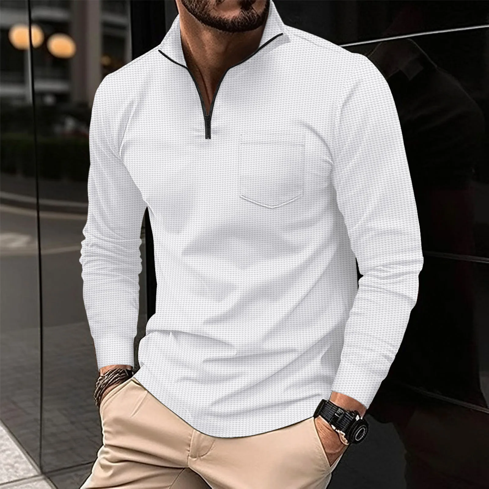 Leisure Spring and Autumn Men\'s Polo Neck Long Sleeve Solid Color T-shirt Pocket Comfortable and Breathable POIO