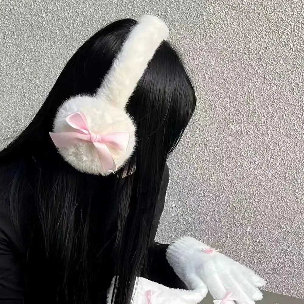 

New Bowknot Gloves Plush Comfortable Winter Warm Earmuffs Soft Kawaii Ear Cover