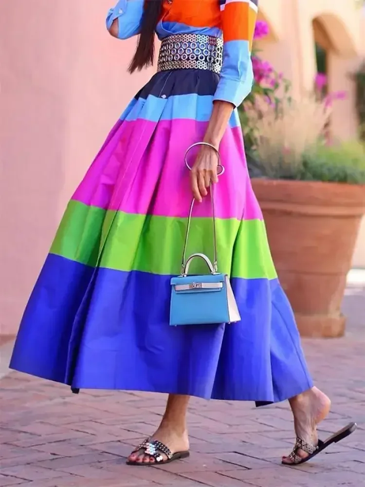 

Tinaa 2025 New Women's Contrast Color Striped Vacation Shirt Dress Summer Autumn Casual Buttoned Pleated Woman Midi Dresses