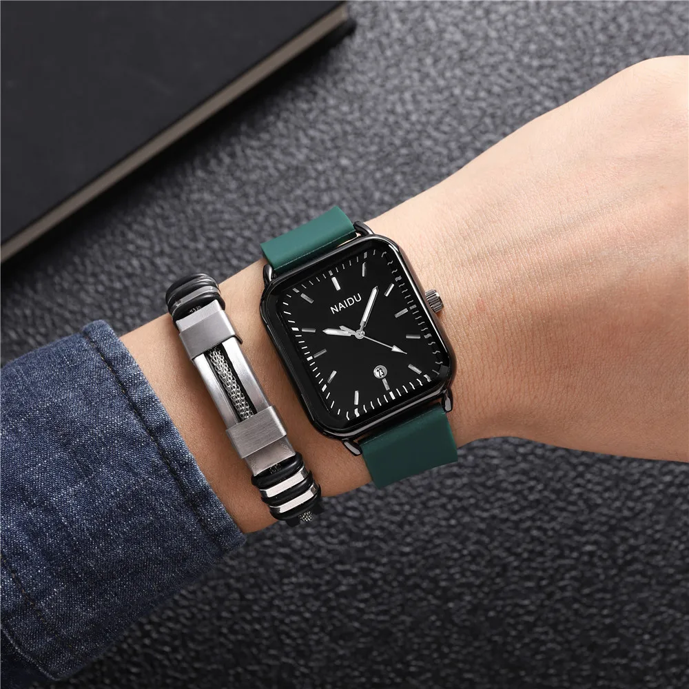 2pcs/set rectangle dial calendar quartz silicone band men watch