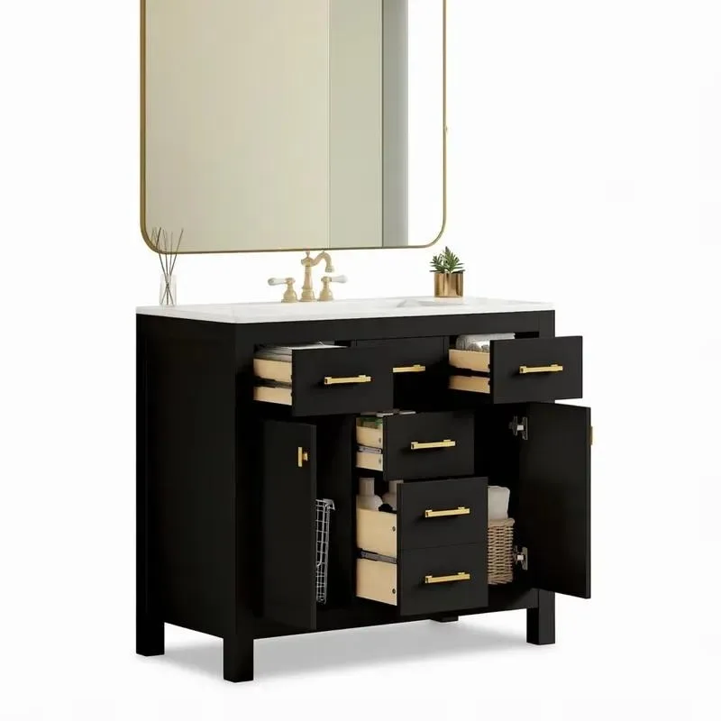 Modern Solid Wood Ceramic Bathroom Sink Cabinet with Copper Faucet Floor Standing Vanity for Villa Bedroom Restaurant Outdoor