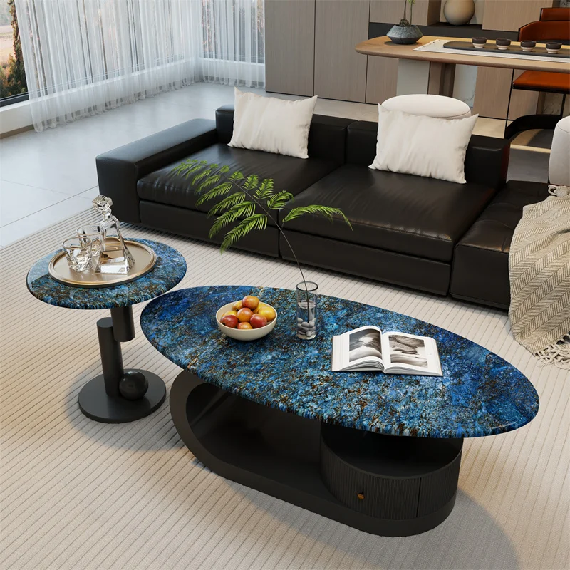 

Microcrystalline stone surface rock slab cream modern light luxury oval coffee table small apartment French light luxury modern