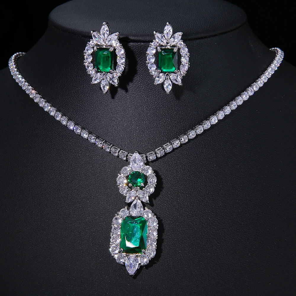 Shiny White Gold Color Green CZ Stone Women Luxury Wedding Necklace and Earrings Jewelry Set for Brides