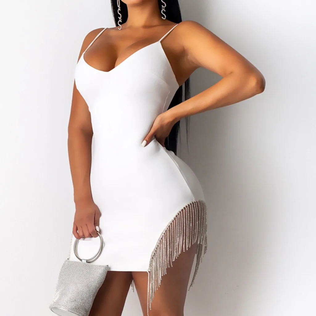 Frau Kleid neue Party Nacht Geburtstag Quaste Split ärmellose Bodycon elegante Hosenträger kurze Mini Bleistift sexy Kleider Vestidos