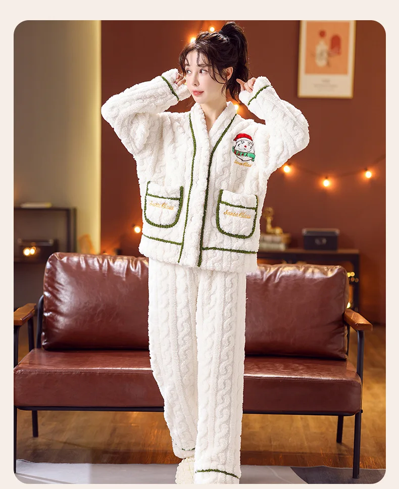 Christmas Pyjamas Sets Women Winter Thicken Warm Coral Fleece Pijamas Long Sleeve V-Neck Sleepwear Female Loungewear Homewear