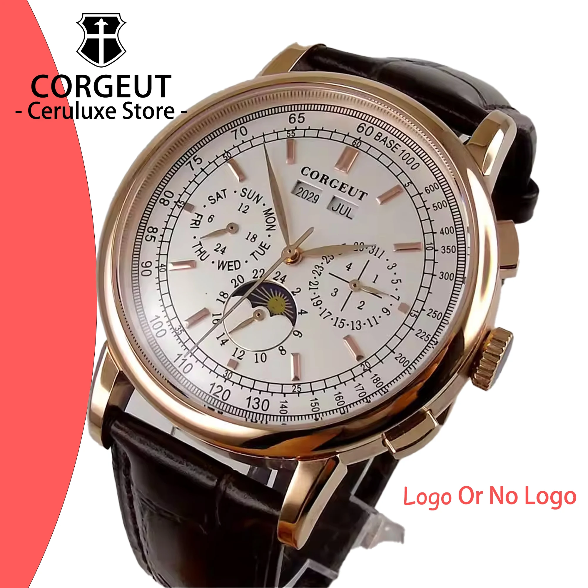 

CORGEUT Automatic Mechanical Luxury Watches For Man Business Multification Date Day Month Year 316L Mechanical Men's Watches