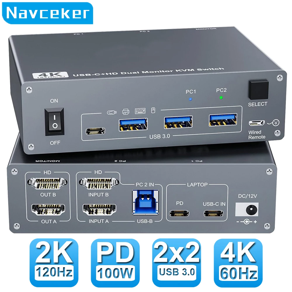 

Navceker USB 3.0 USB-C HDMI KVM Switch 4K 60Hz Dual Monitor Type C KVM Switch 1 Laptop 1 Computer 2 Monitor for Macbook 2 PC