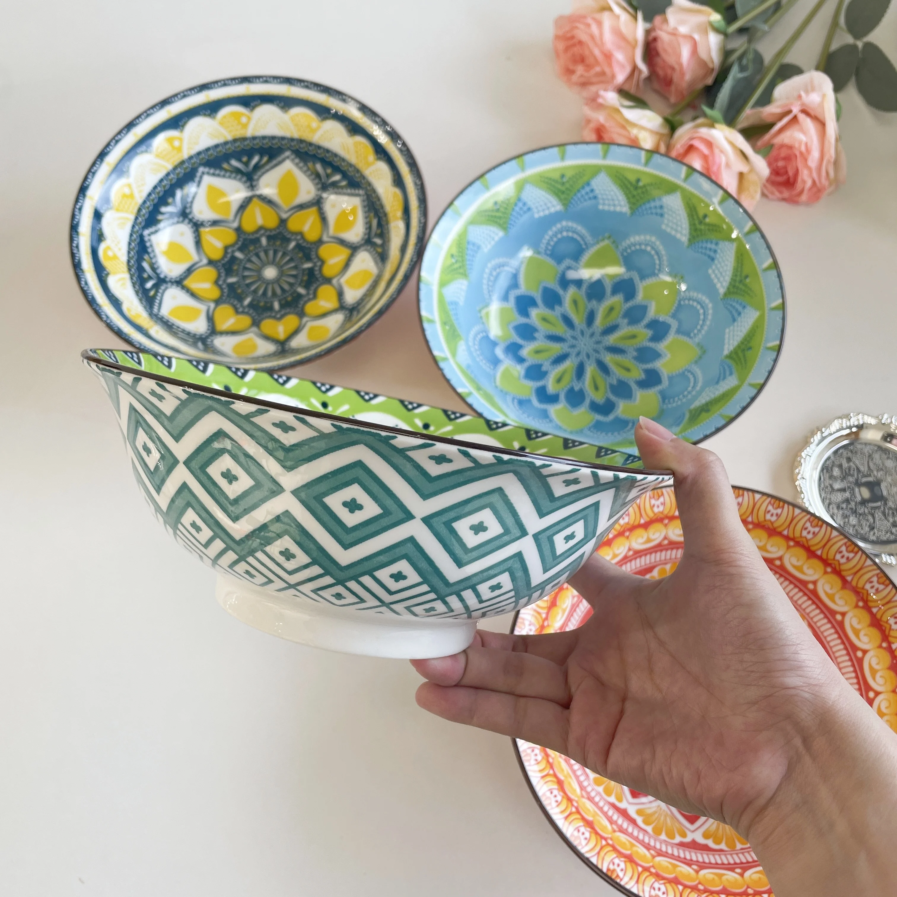 مجموعة أوعية حساء سيراميك بوهيمية مكونة من 4 قطع، آمنة للاستخدام في الميكروويف وغسالة الأطباق مقاس 8 بوصات، وعاء سلطة معكرونة رامين