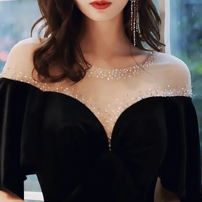 Evening Dresses Beads Black Velvet O-Neck Short Sleeves Zipper Floor Length Trumpet Plus size Woman Formal Party Gowns A135