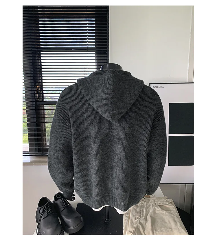 2026 New Autumn Winter Simple Solid Color Knitted Hoodie Men Japan Korean Fashion Casual Loose Double Zipper Hooded Jacket