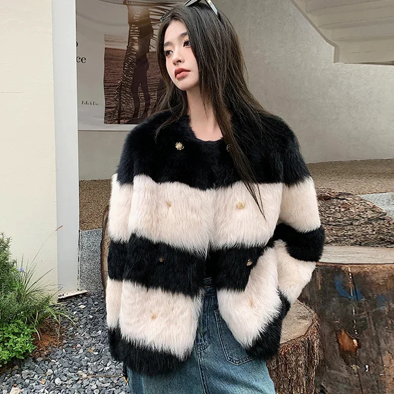 White Black Striped Real Fur Coat Women Luxury Tuscany Sheep Jacket Female Chic Metal Double-breasted Winter Sheepskin Coats