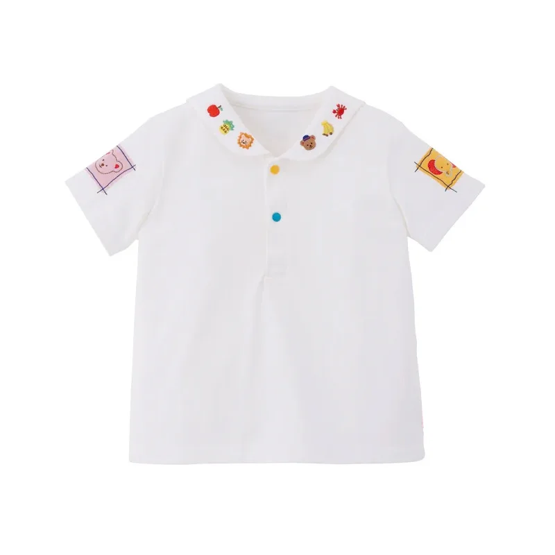 Versatile Kids' Shirt: Cute Navy Bear & Sailor Collar Design, Preppy Academic Style Long & Short Sleeve Top for Children 80-130
